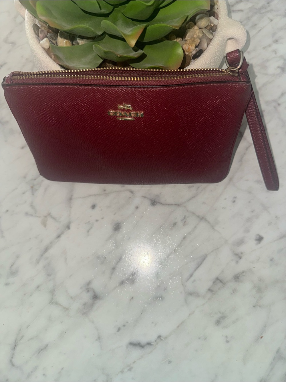 Coach Maroon Saffiano Leather Wristlet with Gold Hardware